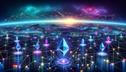 A futuristic digital landscape representing the Ethereum network. The foreground shows a vibrant, interconnected web of nodes and lines symbolizing th