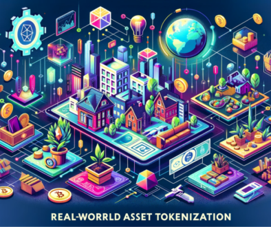 A modern and visually appealing header image for a website about real-world asset tokenization. The image should feature a diverse range of assets inc