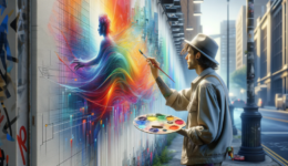 A photorealistic image of an artist in a street setting, painting a vibrant and colorful mural on a wall. The artist, of ambiguous gender and race, is