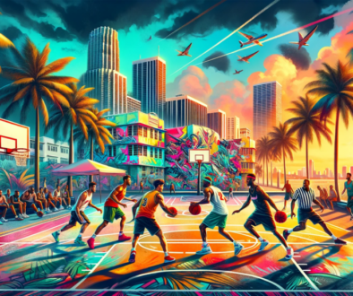 A vibrant and colorful widescreen image capturing the essence of Miami, featuring a picturesque Miami skyline with iconic Art Deco buildings and palm